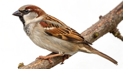 A small female house sparrow is perched on a brown branch, showing its brown and white feathers