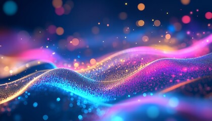 The image shows a dynamic wave formed by countless vibrant particles, glowing with bright, multicolored light against a dark background.
