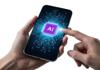 Close up of hands holding a smartphone displaying a glowing ai chip and digital network isolated on transparent background