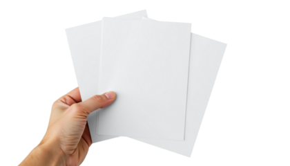 Hand Holding Three Blank Sheets of Paper Minimalist Studio Setting Close-Up Perspective Conceptual Design