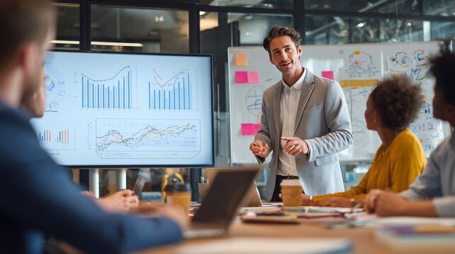a diverse group of business people having a meeting, standing around a table and talking with a female leader or manager in an office conference room or lounge area.