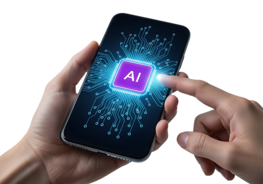 Close up of hands holding a smartphone displaying a glowing ai chip and digital network isolated on transparent background