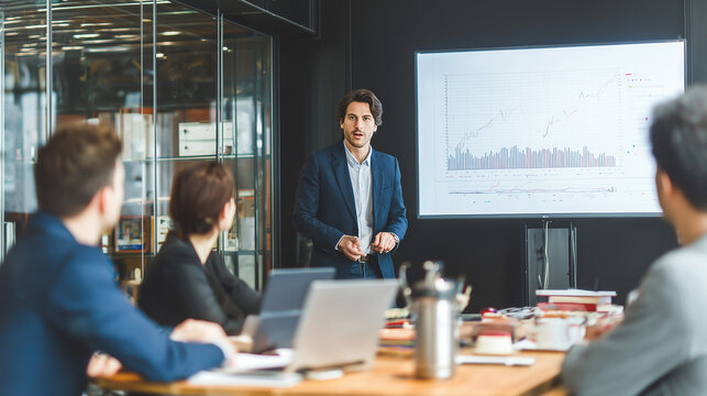 a diverse group of business people having a meeting, standing around a table and talking with a female leader or manager in an office conference room or lounge area.