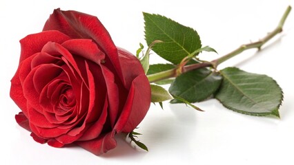 A single, beautiful red rose blossom, a symbol of love and romance, is perfectly isolated on a white background