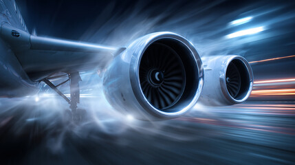 Jet engines emitting swirling smoke and light beams capture motion blur during takeoff at twilight