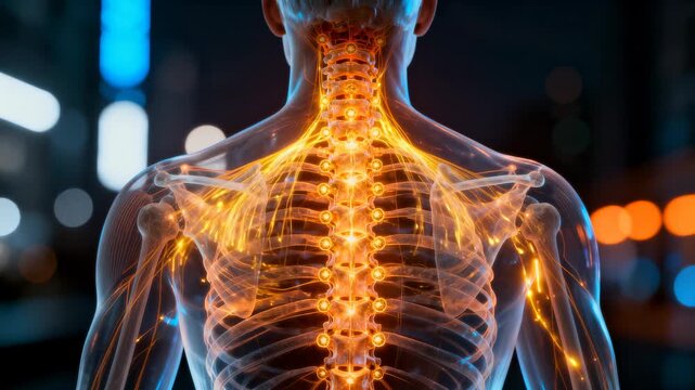 Human nervous system and spine anatomy with glowing vertebrae and nerves in medical visualization concept.