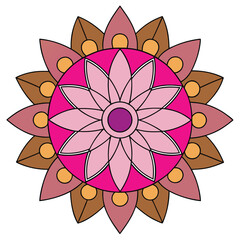 Vector art of a vibrant mandala design, featuring a harmonious blend of pink, brown, and gold hues in a symmetrical floral arrangement with intricate details