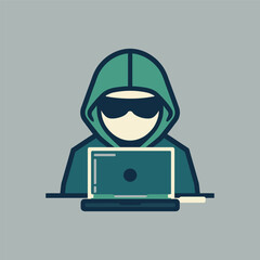 Stylized illustration of an anonymous person in a green hoodie and sunglasses working on a laptop, representing a hacker or programmer.