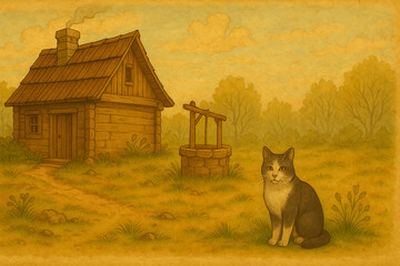 Rustic Cabin Scene with Domestic Cat and Well