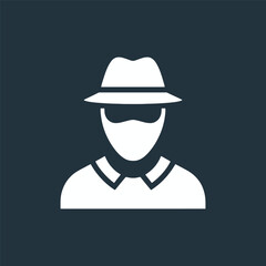 White silhouette of a person wearing a fedora hat and a face mask on a dark blue background, symbolizing anonymity.