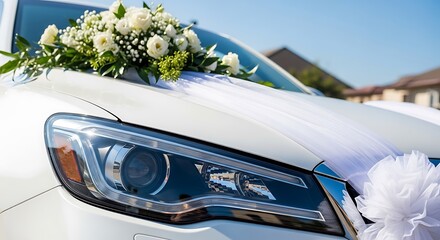 White wedding car decorated with flowers and ribbons on a sunny day