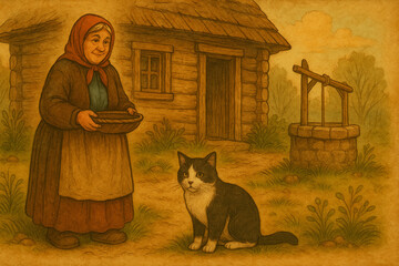 Smiling Babushka with Basket and Cat by Rustic Well
