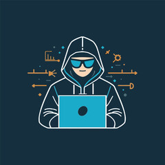 A stylized illustration of a person in a hoodie and sunglasses using a laptop, surrounded by abstract technological elements.