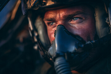 Pilot adjusts oxygen mask in cockpit with focused expression during critical flight preparation
