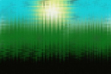 Abstract landscape with green field, blue sky, and bright sun illustration