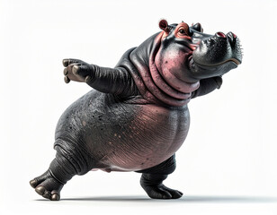 Playful Baby Hippo Posing Energetically on White Background