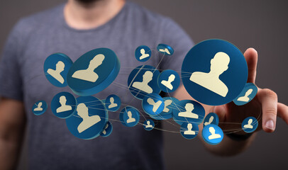 Network visualization of connected people displayed. Conceptual of social network interface. Futuristic business concept.