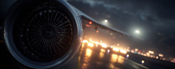 Low-angle perspective of jet engine intake reflecting runway lights with cinematic shadows during twilight