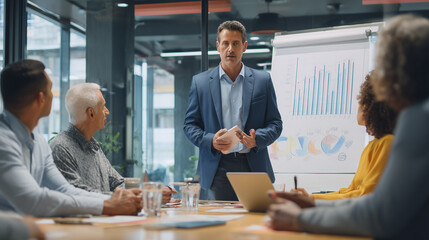 a diverse group of business people having a meeting, standing around a table and talking with a female leader or manager in an office conference room or lounge area.