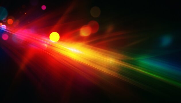 The illustration shows diagonal streaks of red, orange, yellow, green, and blue light against a black background with blurred circles of light.