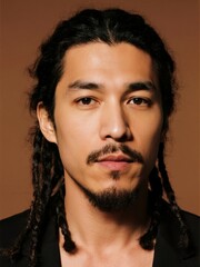 Portrait of a man with long braided hair and facial hair, wearing a dark jacket against a warm-toned background