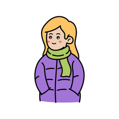 Illustration of a young woman with blond hair wearing a purple winter coat and a green scarf smiling with her hands in her pockets against a transparent background