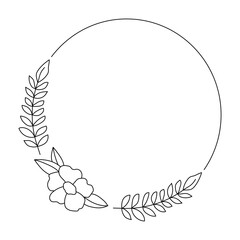 Dashed Line Circle Frame With Floral And Leafy Accents In A Simple Black And White Outline Design On Transparent Background