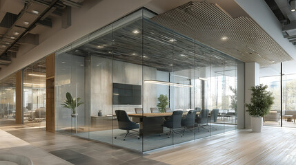 Sleek modern office interior with horizontal ceiling lines glass partitions and dark chairs