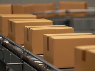 Fototapeta premium Boxes on a conveyor belt moving through a warehouse line