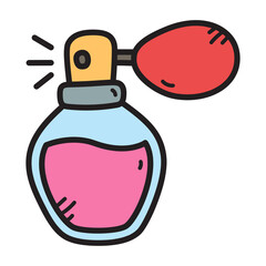 Hand Drawn Doodle Illustration of a Vintage Perfume Bottle Filled with Pink Liquid and a Red Bulb Spritzer on a White Background