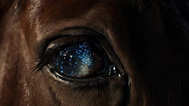 A stunning macro, slow-motion video showing a reflection of Chinese New Year fireworks in a horse's eye. An emotional and detailed clip symbolizing a new vision