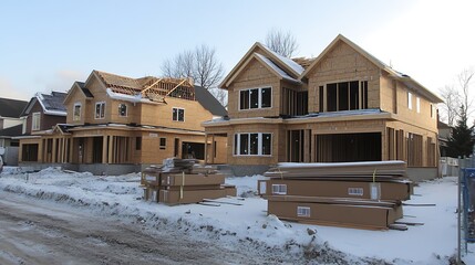 New homes under construction in winter with snow on the ground in canada