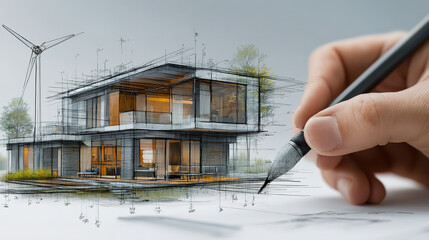 Office workspace with architects engineers and contractors planning sustainable house project design