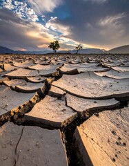 Dried earth landscape with a lone tree