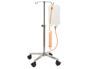 Isolated IV drip stand with saline bag for intravenous infusion and medical care treatment