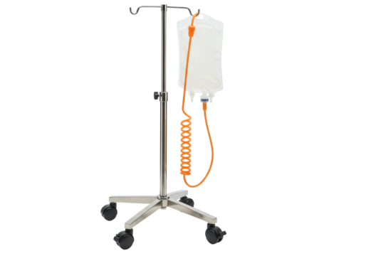 Isolated IV drip stand with saline bag for intravenous infusion and medical care treatment