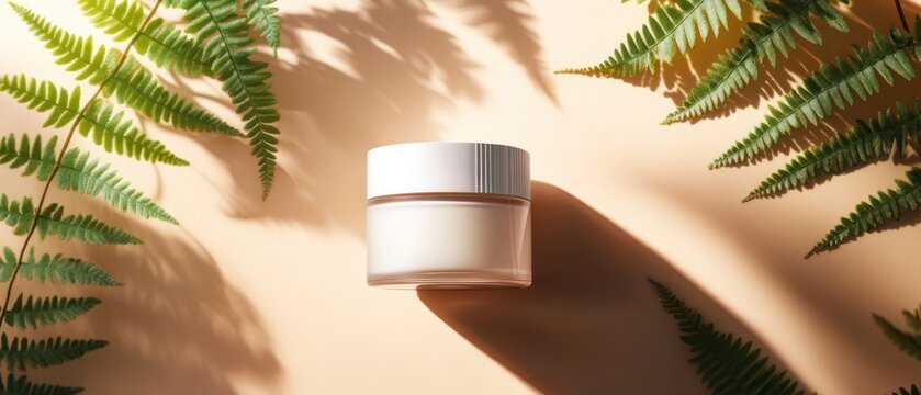Cream jar held surrounded by leaves in sunlight
