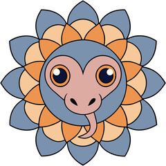 Vector art of a charming mandala showcasing a stylized snake head at its core, encircled by layers of geometric petals in hues of blue, orange, and peach