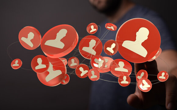 Abstract concept of social media network and person icons. Red buttons interconnected by lines on a dark background. Connection concept.