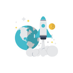 Blue and White Rocket Launching into Space with Earth and Moon Background Featuring Stars and Clouds of Smoke Minimalist Style Illustration