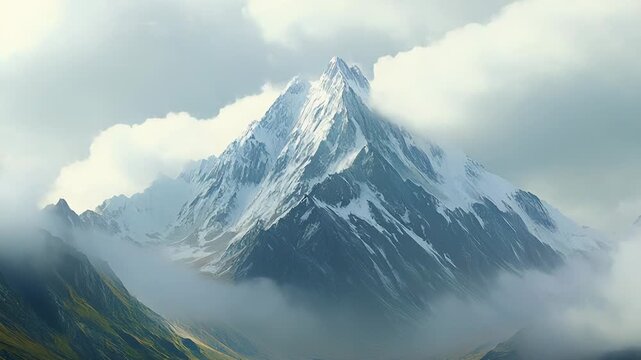 Snow capped mountain peak emerging from clouds and fog