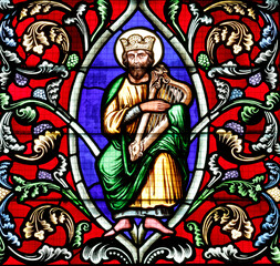 Bayeux cathedral. Stained glass.  King David playing the harp. Bayeux.  France.
