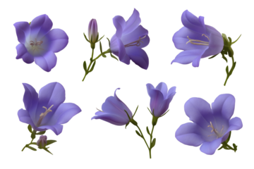 collection of delicate purple bellflowers on stems. Isolated on transparent background, png