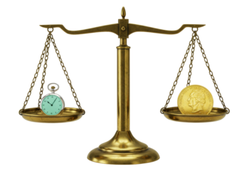 Isolated old-fashioned balance scales with pocket watch and gold coin demonstrating worth