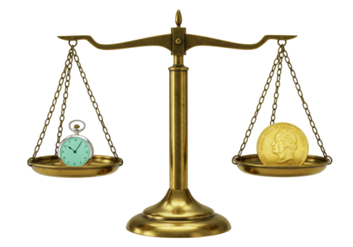 Isolated old-fashioned balance scales with pocket watch and gold coin demonstrating worth