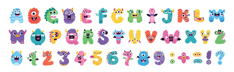 Kids monster font. Funny english alphabet, cute bright letters and numbers, fluffy ugly creations, childish cute abc, cartoon creative animals, nursery decoration garish vector isolated set