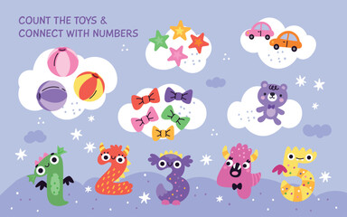 Obraz premium Kids learning numbers game. Count items and toys task, childish playful education, cute funny monster characters, mathematic maze sheet cartoon flat style isolated garish vector concept