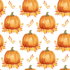 pattern of watercolor pumpkin with leaves. cozy for autumn designs. Suitable for fabric, packaging. Vector.