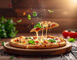 Gooey Cheesy Pizza With Fresh Basil On Wooden Board, Melting Mozzarella Stretching Delight, Hot And Aromatic