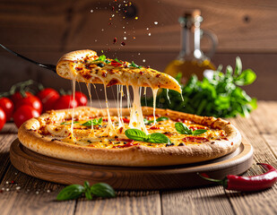 Gooey Cheesy Pizza With Fresh Basil On Wooden Board, Melting Mozzarella Stretching Delight, Hot And Aromatic